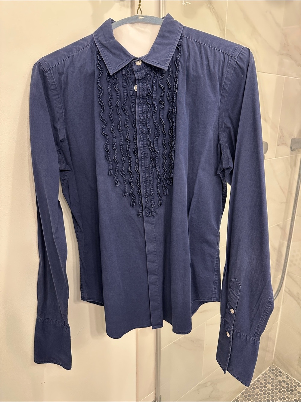 Ralph Lauren Navy Blue Ruffle-Front Button-Up Blouse